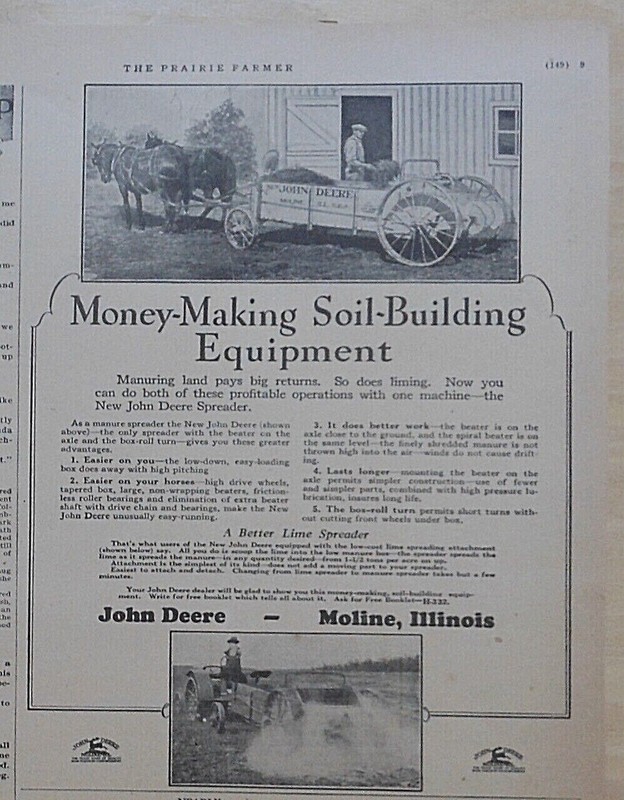 1930 newspaper ad for John Deere – Money Making Soil Building, Manure Spreader