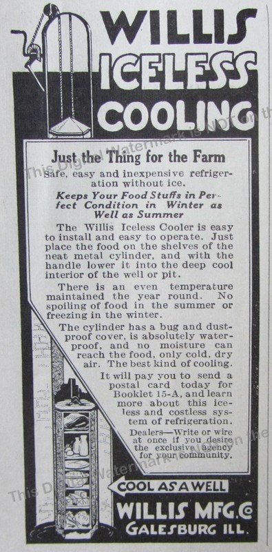 1919 Ad Willis Iceless Cooling Refrigeration Without Ice Willis Mfg Galesburg IL