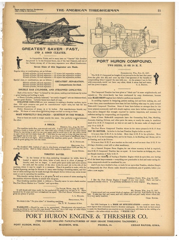 1898 Port Huron Engine & Thresher Co. Ad: Compound Traction Engine & Rusher Pics