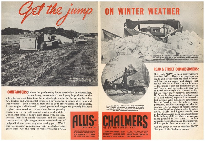 1938 Allis Chalmers 2 Separate Pg. Ad: Model LO & WM Tractors for Snow Removal
