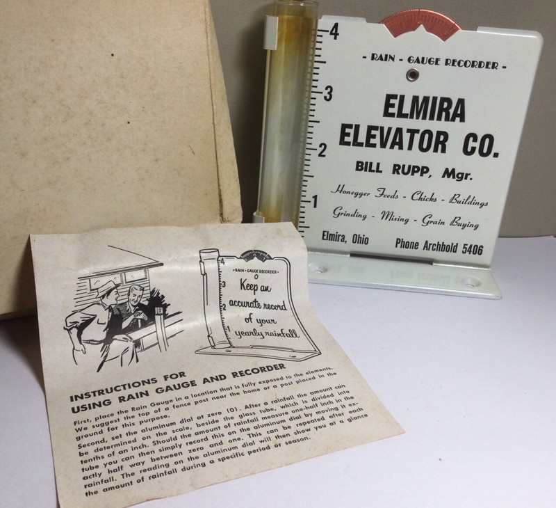 VERY VINTAGE METAL ADV RAIN GAUGE RECORDER ELMIRA OHIO ELEVATOR CO PH 5406 FARM