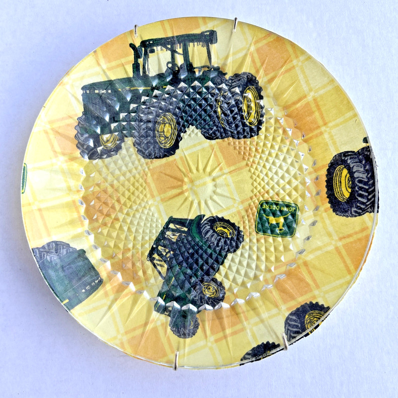 NEW! Handmade 10” John Deere Tractor Glass Plate – Decoupage Decor Wall Hanger