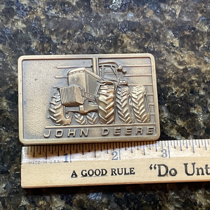 Vintage John Deere Brass Belt Buckle 3″ wide 2″ tall 1982 Tractor MADE USA Nice!