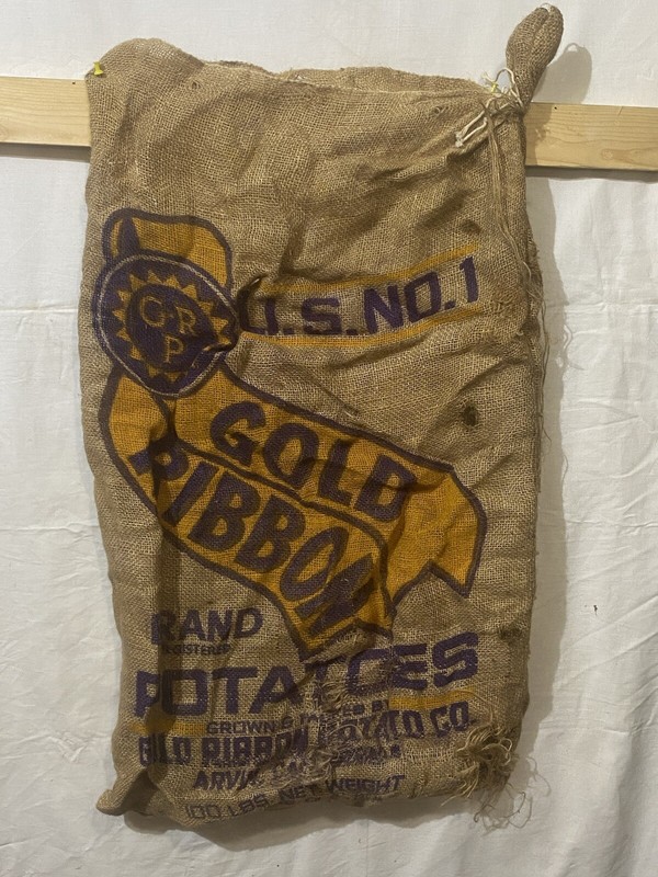Vtg Gold Ribbon Brand Potatoes Burlap Advertising Bag Arvin California Potato gallery