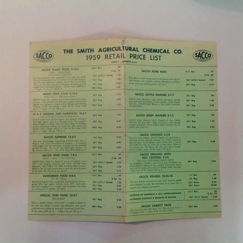 Vtg SACCO Smith Agricultural Chemical Co 1959 Retail Price List Zone 1 Midwest