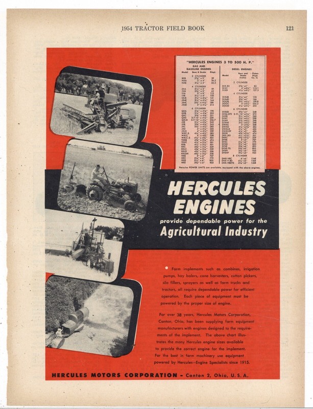 1954 Hercules Engine Ad: Gas & Diesel Engine Specs Listed, 3 to 500 Horsepower
