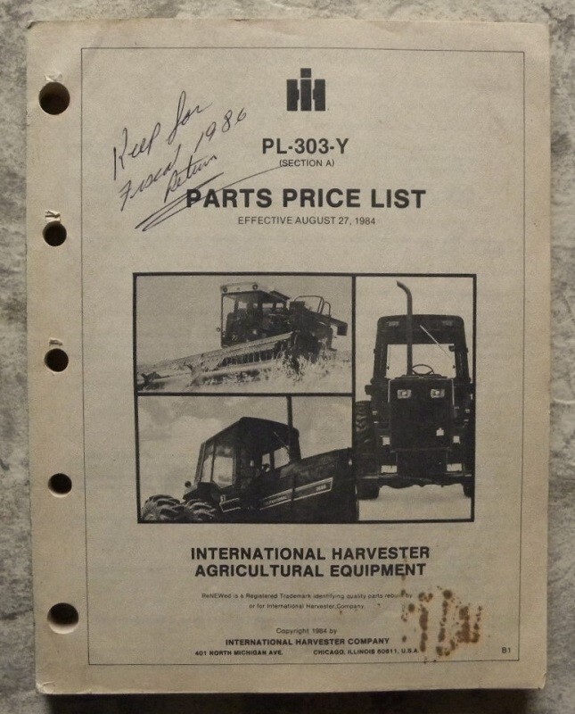 Original 1984 IH Ag Farm Equipment, Dealers Parts Price List Catalog, PL-303-Y
