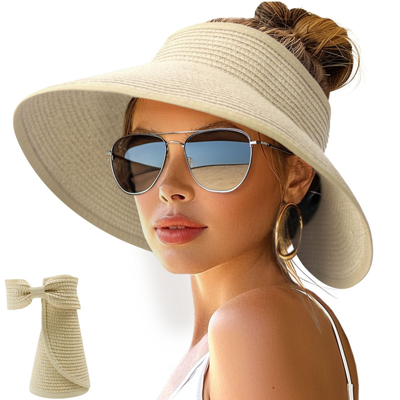 Npjy Sun Hats For Women Wide Brim Roll-Up Beach Ponytail Hat Foldable Packable