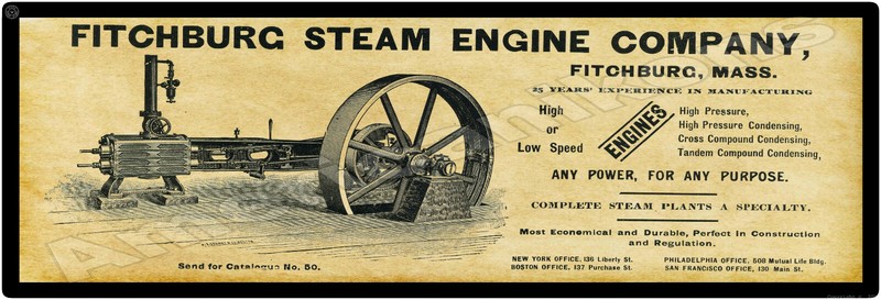 1895 Fitchburg Steam Engines New Metal Sign: Steam Power Plants – 6″ x 18″