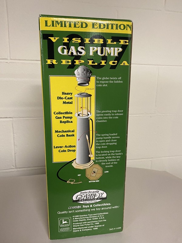 John Deere Mechanical Coin Bank-1937 Wayne Gas Pump-diecast-12” Tall-New gallery