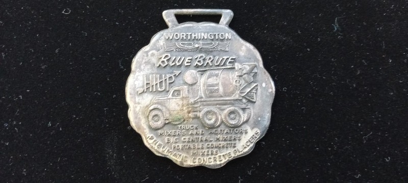 WORTHINGTON Blue Brute Concrete Cement Mixer Truck & 34E Paver Pocket Watch Fob