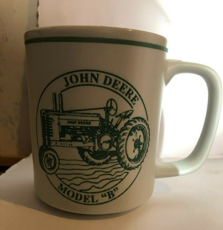 VTG John Deere Model B Tractor History Coffee Mug Cup Embossed Beige Green