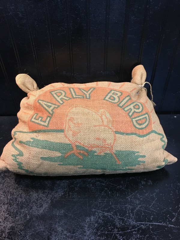 Vintage Burlap Chicken Feed Bag Pillow Early Bird Chick Seed Bag