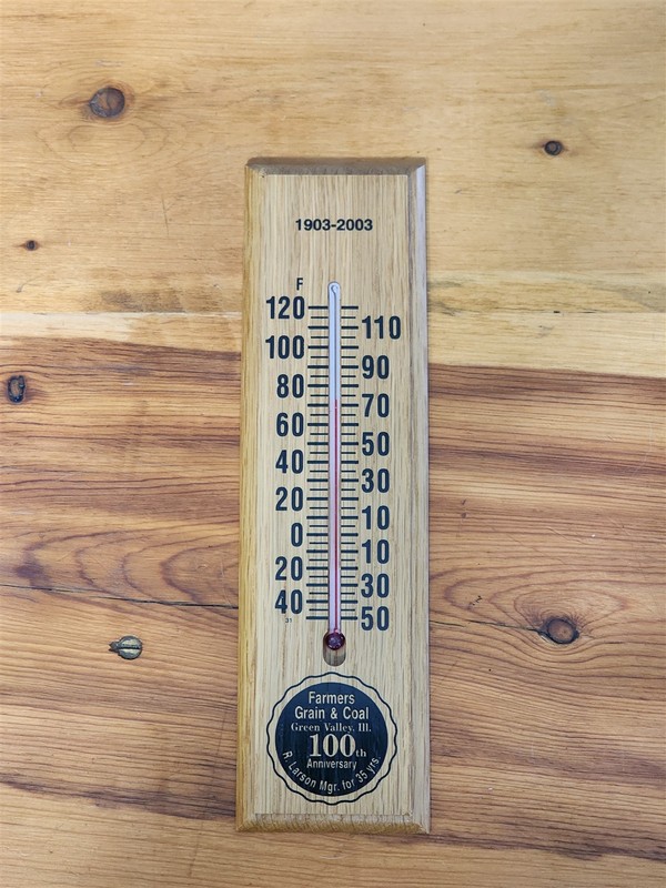 2003 NOS FARMERS GRAIN & COAL WOOD THERMOMETER 100 YEARS GREEN VALLEY ILL 9″