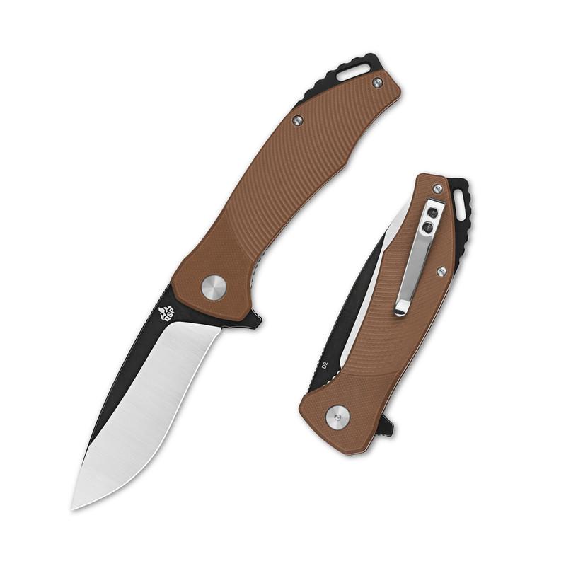 Qsp Raven Folding Pocket Knife 3.37 D2 Black Satin Blade Edc Knife Brown G10