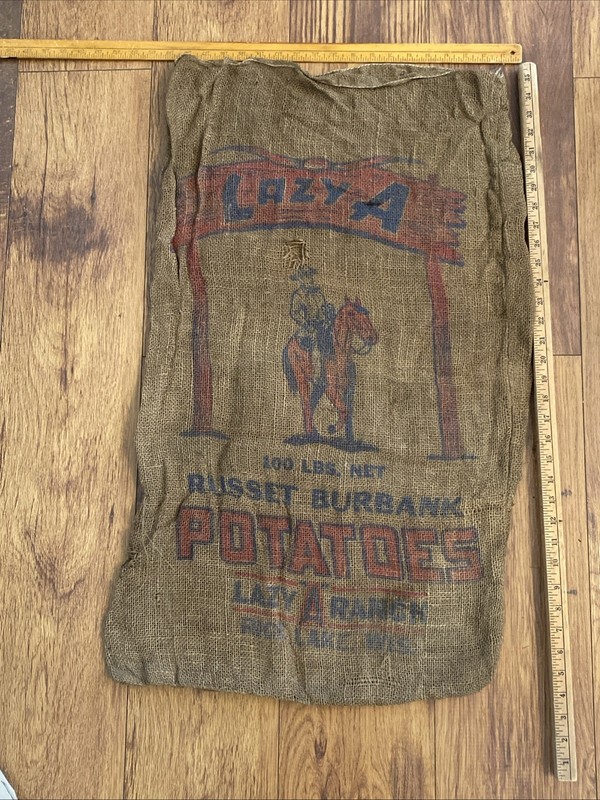 Vintage Burlap Potato Sack 100 Lbs COWBOY HORSE LAZY-A RANCH Rice Lake WI USA