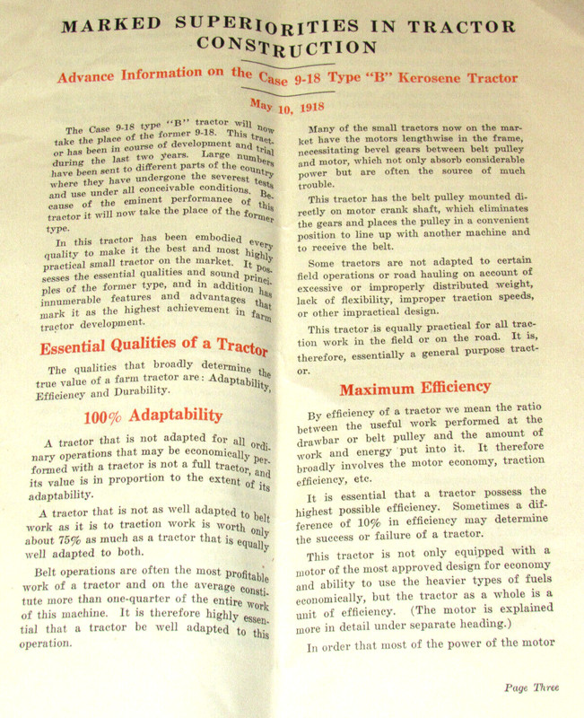 1918 J I CASE ADVANCE INFORMATION ON THE CASE 9-18 TYPE "B" KEROSENE TRACTOR! JI gallery