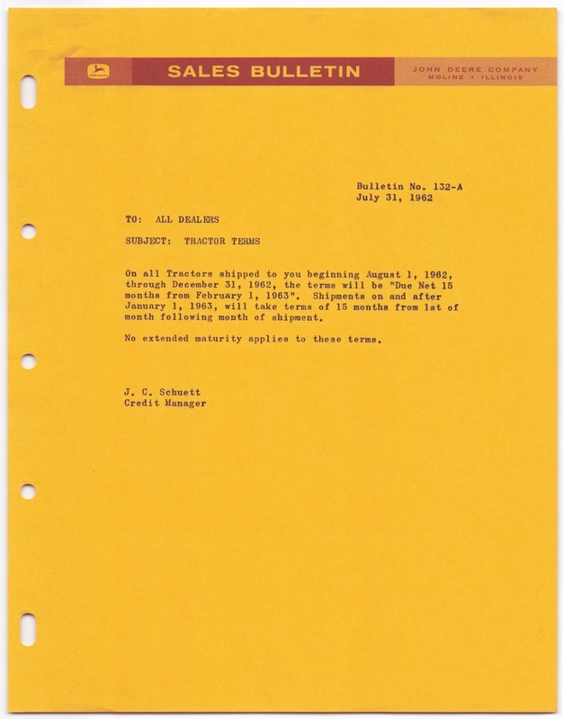 Vintage 1962 John Deere Sales Bulletin Dealership Memo – TRACTOR LOAN TERMS