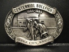 Dodge City Kansas 1984 Pewter Belt Buckle Centennial Bullfight Bull KS Kirby’s