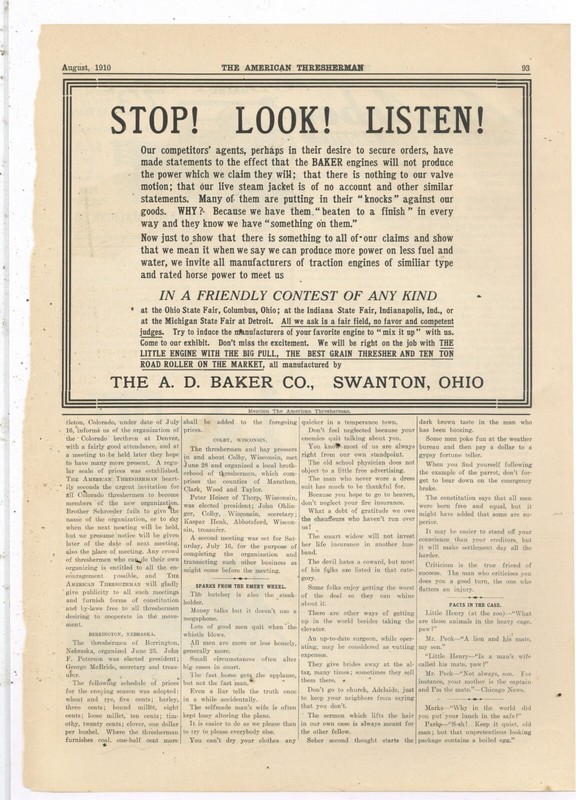 1910 A.D. Baker Co. of Swanton, OhiO Ad: Stop! Look! Listen! Ten Ton Road Roller