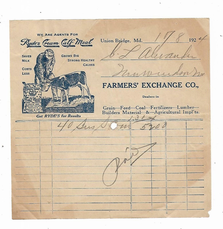 1924 Advertising Invoice Farmers Exchange Union Bridge MD Ryde’s Cream Calf Meal