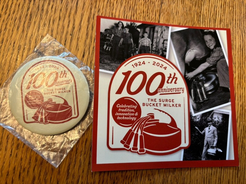 NEW -1924 -2024 100 YEAR ANNIVERSARY MAGNET & PIN -SURGE-MILKER BUCKET -4″ x 4″