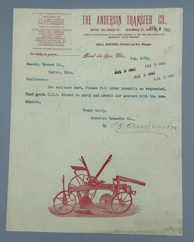 1892 -1896 ANDERSON Transfer Antique FARM Advertise Letter FOND Du LAC Wisconsin gallery