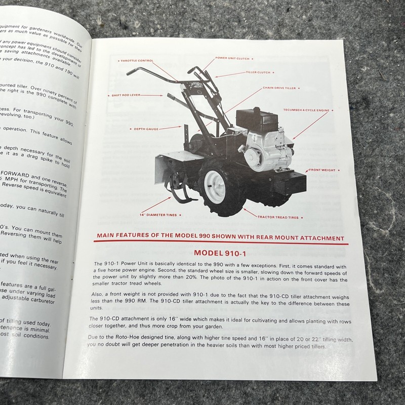 Roto-Hoe 910 990 190 Walk-Behind Tiller Snow Garden Tractor Color Sales Brochure gallery