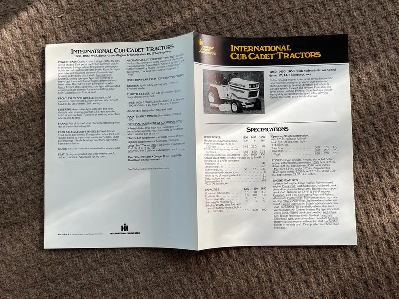 074 CUB CADET 1250, 1450 & 1650 / 1000 & 1200 SPECIFICATIONS SHEET AD-32514-F-1