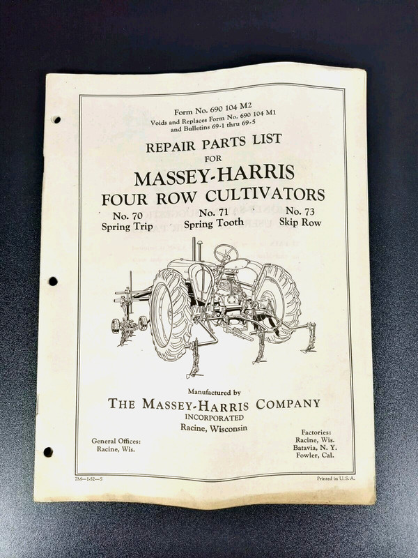 1952 Massey Harris Four Row Cultivator Manual Brochure Repair Parts List