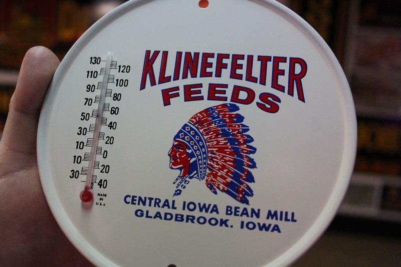 RARE 1950s KLINEFELTER FEED IOWA DEALER STAMPED THERMOMETER METAL SIGN INDIAN gallery