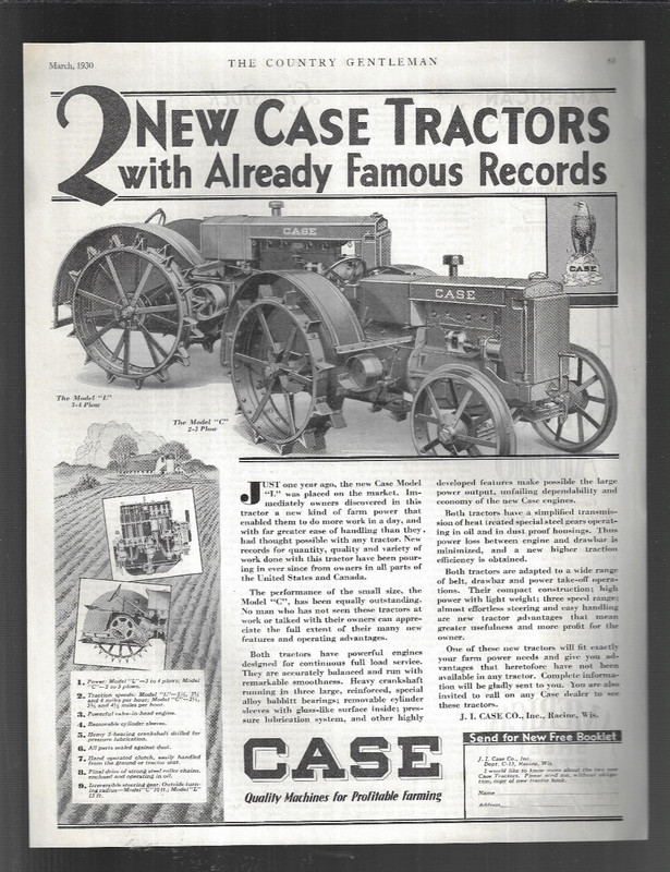 CASE TRACTORS VINTAGE ADVERTISING bw 1930 OLD & ORIGINAL Magazine Ad RACINE WI