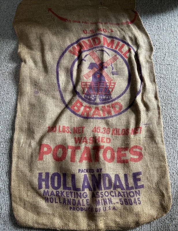Vintage Windmill Graphic Windmill Potatoes Hollandale MN 100LBS burlap sack Bag