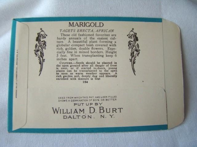 Antique MARIGOLD 'BURT'S SEED' Flower Seed PACKET, Country Store, Unused gallery