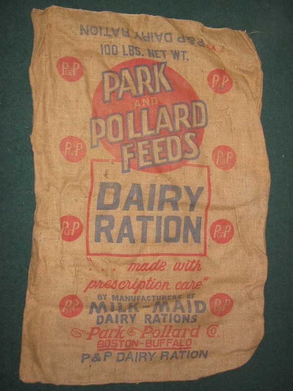 VINTAGE P&P PARK AND POLLARD FEEDS,DAIRY,BOSTON-BUFFALO, BURLAP GUNNY 100LB SACK