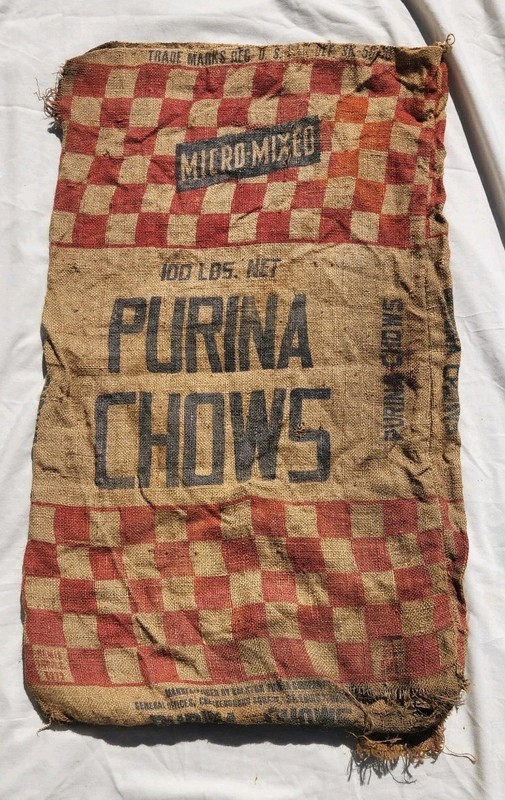 Vintage Farm Blue Letter Purina Chows Micro Mix Feed Burlap Bag Sack 100#