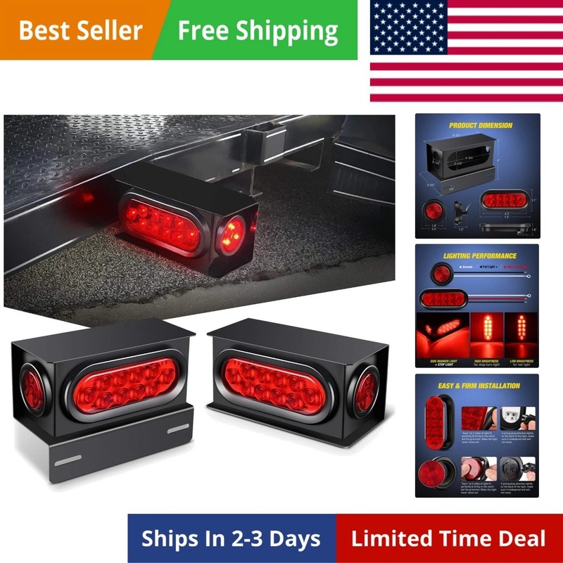 2PCS Steel Trailer Light Boxes Housing Kit w/6Inch Oval Red LED Trailer Tail …