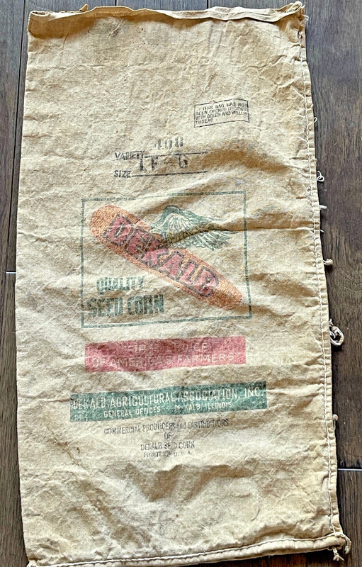 Vintage DEKALB Fabric Seed Feed Bag Sack WINGED CORN Patched & Ragged 28″ x 15″