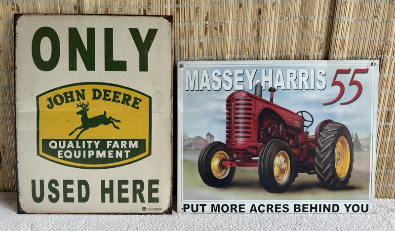 Lot of 2 “JOHN DEERE” & “MASSEY-HARRIS” Tractor 16″x12-1/2″ Garage Metal Signs