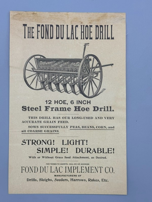1880s FOND Du LAC HOE DRILL Farm Implement Advertising Flyer Wisconsin gallery