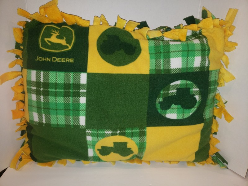 John Deere Tractor Standard Pillow Handmade Tie Knotted Yellow Green Plaid