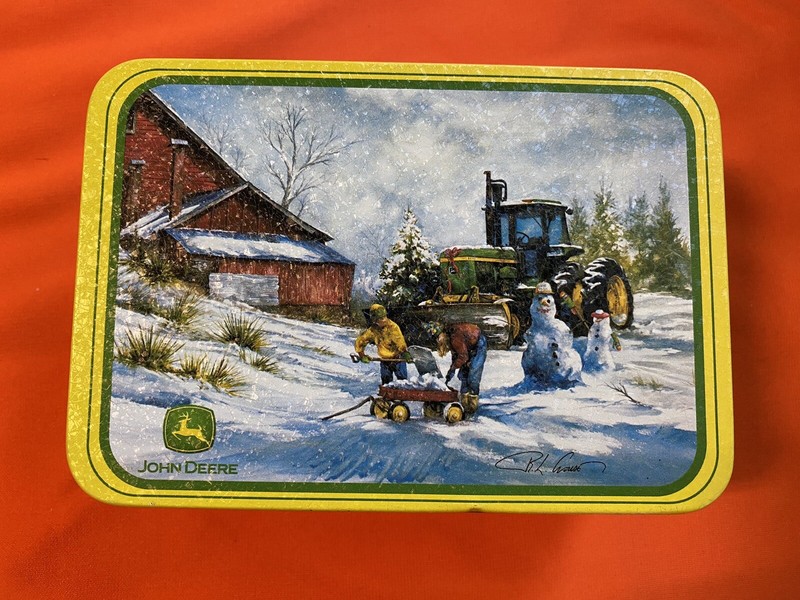 VINTAGE JOHN DEERE TIN WITH HINGED LID – CHRISTMAS FARM SCENE By R.L. Crouse