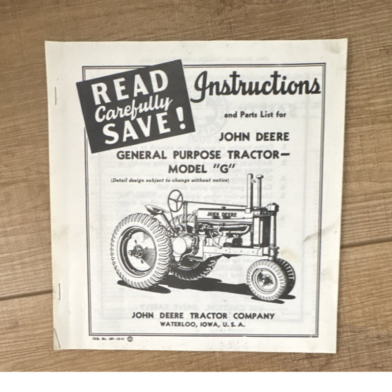 John Deere Model G Tractor Instructions & Parts List Brochure Agriculture