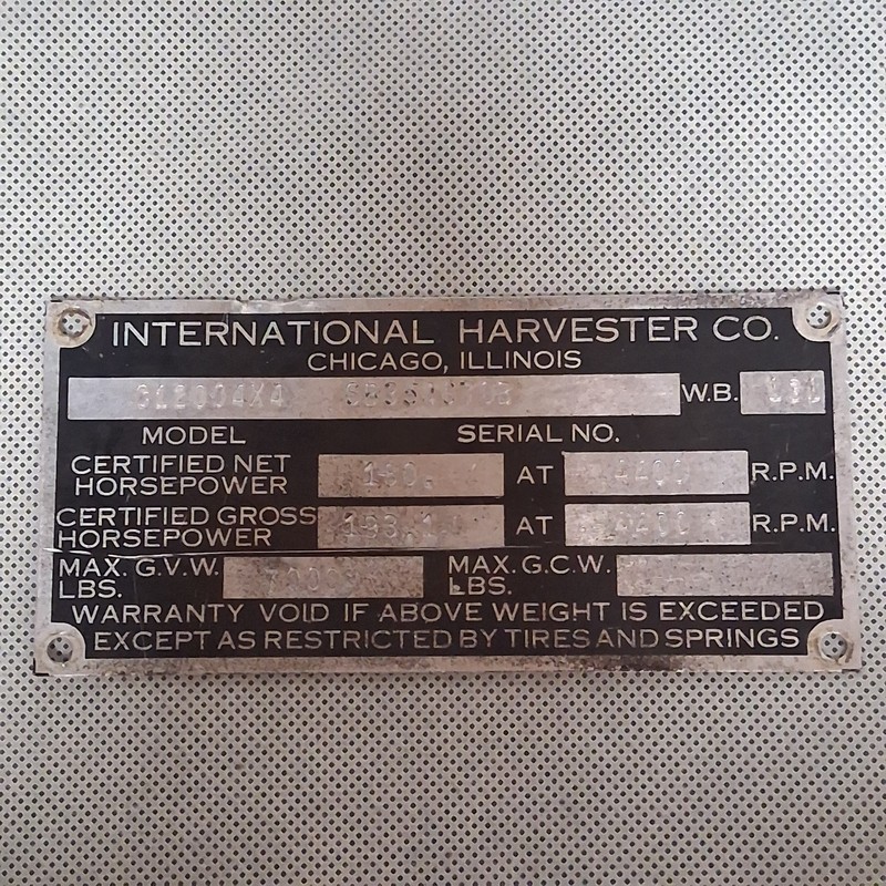 1960’s International Harvester C1200 4×4 Serial Number Plate