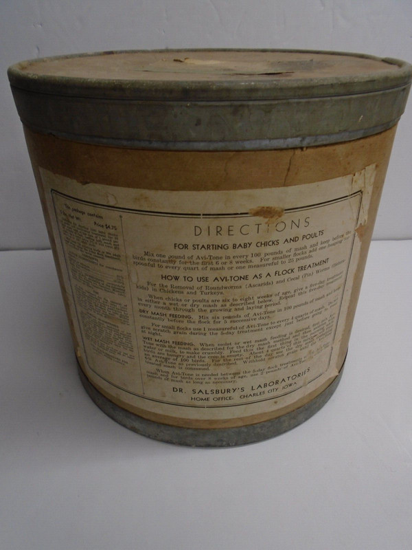 Vintage Dr. SALSBURY'S "AVI-TONE" FARM POULTRY WORM TREATMENT CONTAINER - Empty gallery