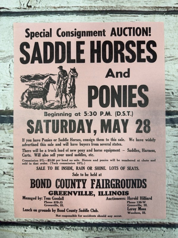 VTG Consignment Auction Horses Bond County Fairgrounds Greenville IL Sign Flyer