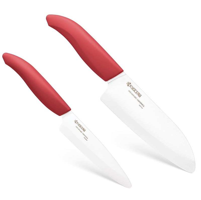 Kyocera Revolution 2-Pc Ceramic Knife Set: 5.5″ Santoku & 4.5″ Utility, Red Hand