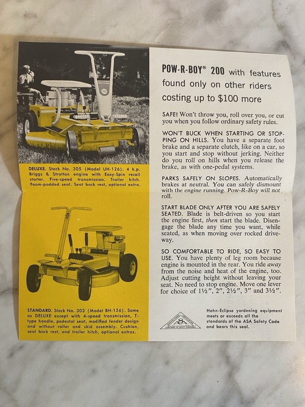 Vintage 1966 Hahn-Eclipse Pow-R-Boy 200 Riding Mower Advertising Brochure Yellow gallery