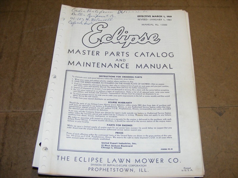 1960s Hahn Eclipse Mower Master Parts Catalog Maintenance Manual