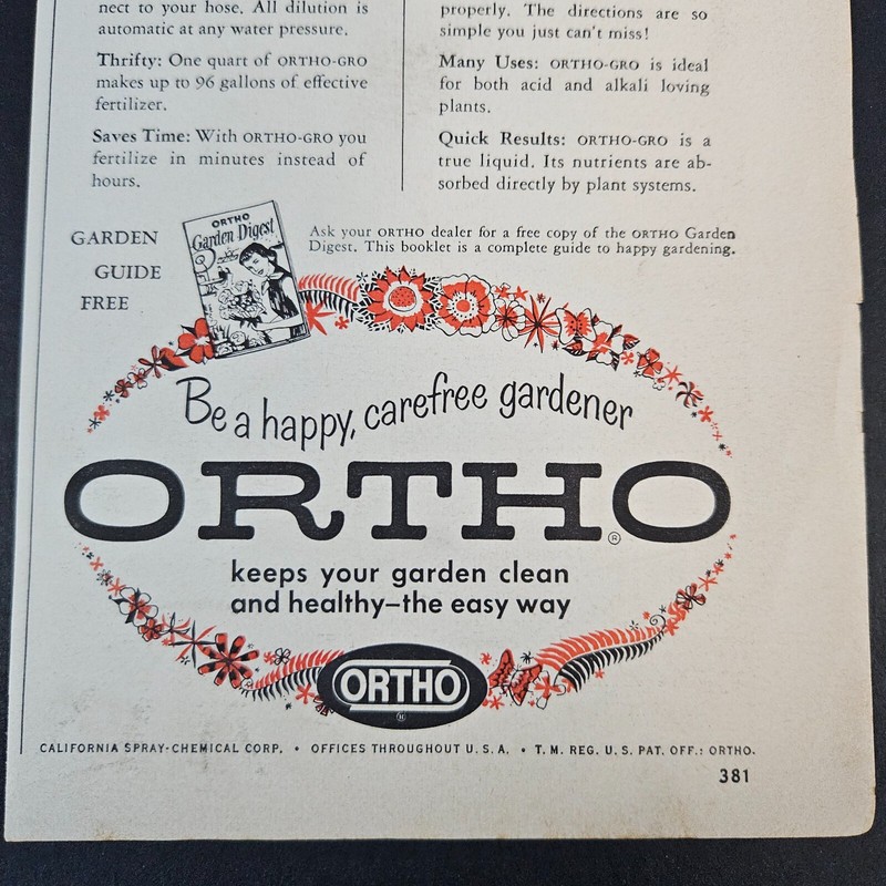 1953 Ortho-Gro Liquid Plant Food Vintage Print Ad California Spray Chemical Corp